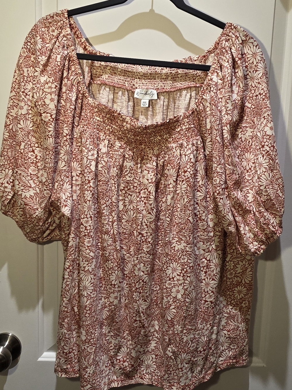 Wonderly Rust and Cream Floral Smocked Peasant Top